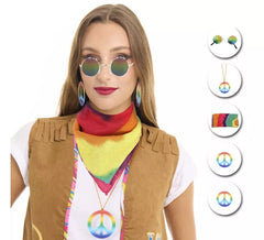 Kit hippie adulte : lunettes, boucles d'oreilles et collier de différentes couleurs