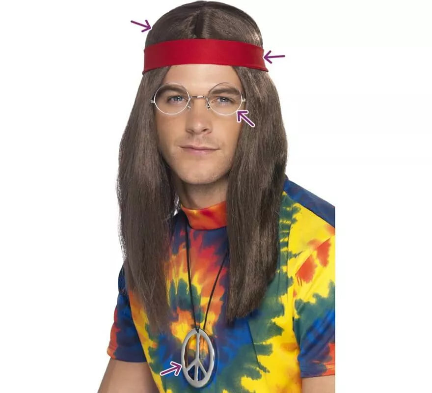 Translation missing: fr.Kit de Hippy Marrón: Peluca, Gafas, Medallón y Cinta roja