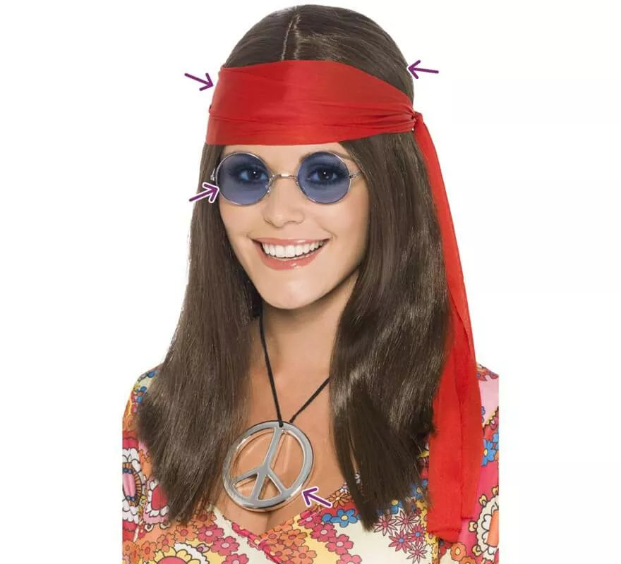 Translation missing: fr.Kit de Hippy: Peluca, Gafas, Medallón y Cinta Roja