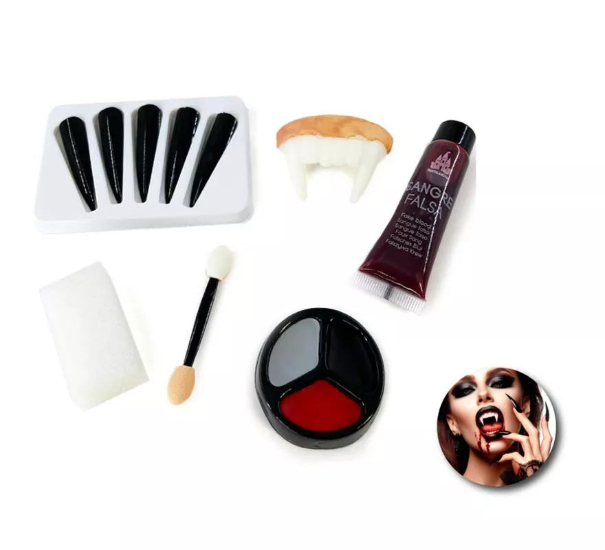 Translation missing: fr.Kit de Maquillaje Vampiro: Uñas, dentadura, tubo de sangre, esponja, brocha y paleta
