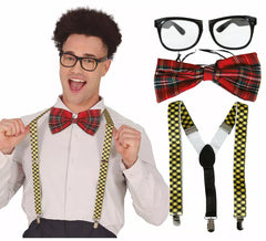 Kit Nerd d'écolier adulte : lunettes, nœud papillon et bretelles