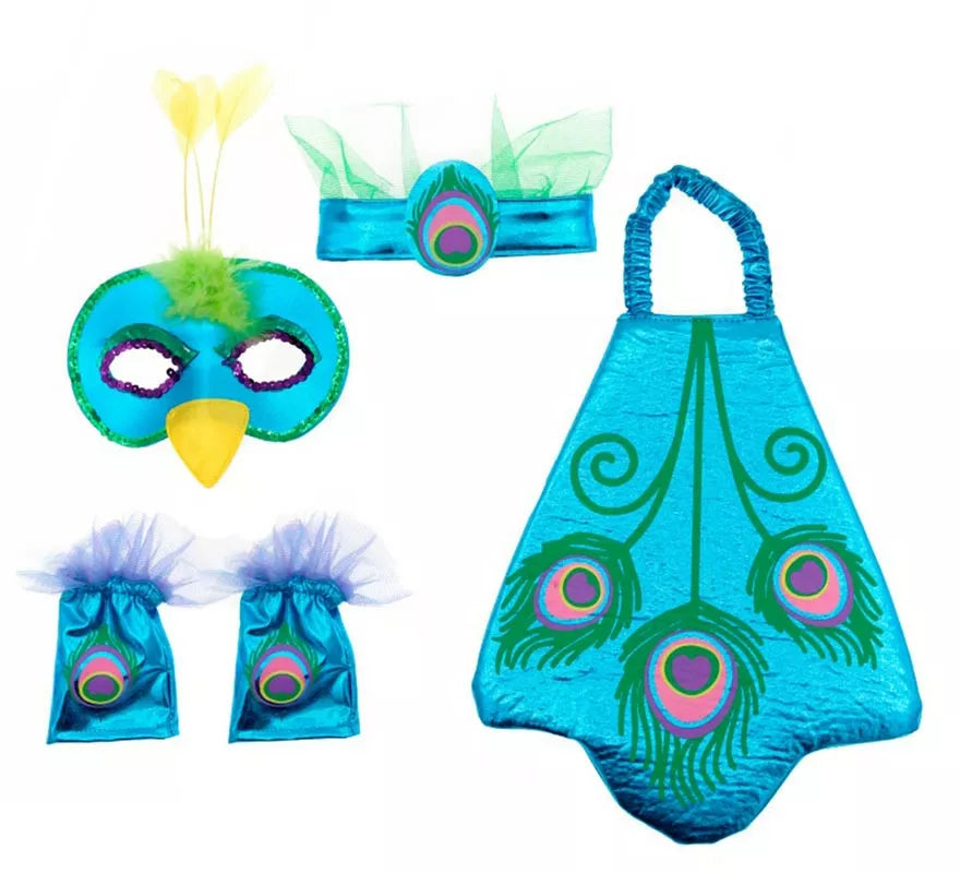 Translation missing: fr.Kit de Pavo Real azul infantil: Antifaz, Cinta, Muñequeras y Alas