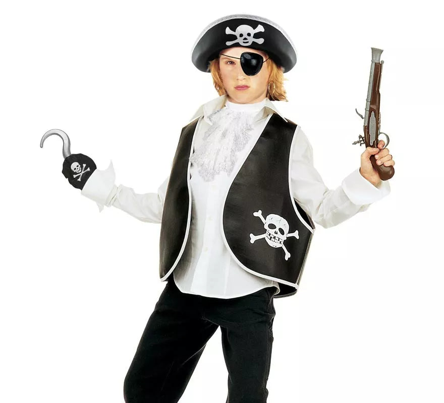 Translation missing: fr.Kit de Pirata Calavera infantil: Chaleco, Sombrero, Parche, Pendiente y Gancho