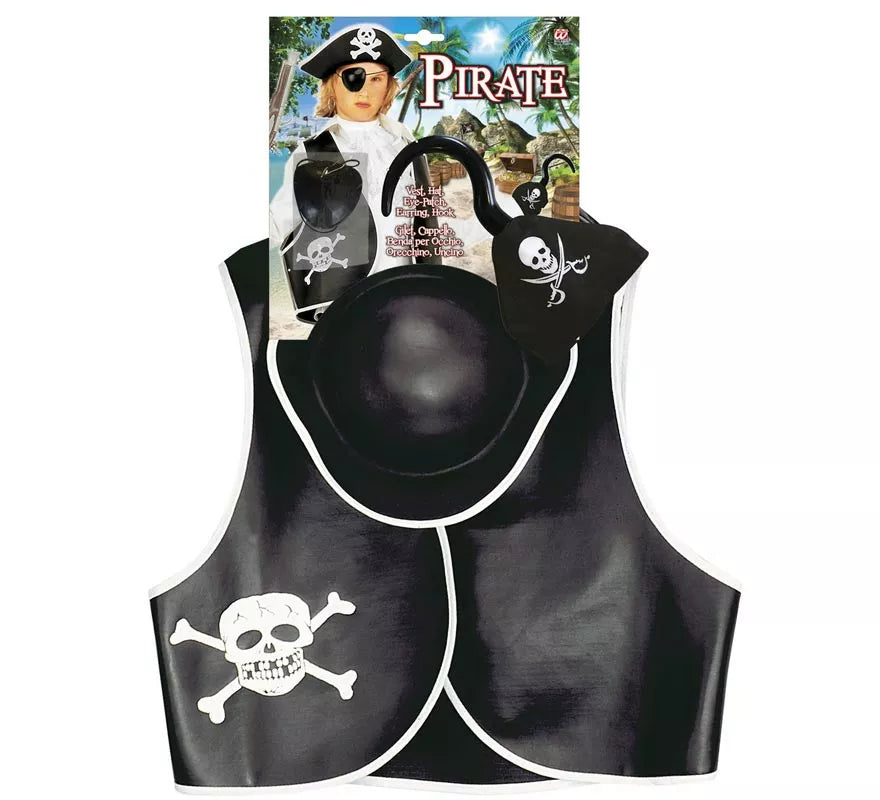 Translation missing: fr.Kit de Pirata Calavera infantil: Chaleco, Sombrero, Parche, Pendiente y Gancho