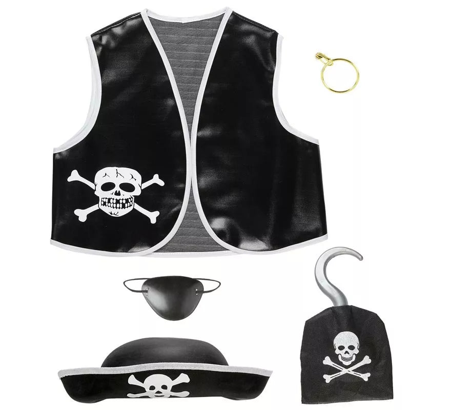 Translation missing: fr.Kit de Pirata Calavera infantil: Chaleco, Sombrero, Parche, Pendiente y Gancho