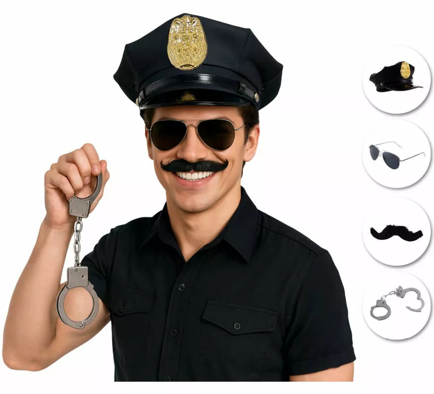 Kit de Policía: Gorra, Gafas, Bigote y Esposas