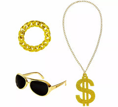 Kit rappeur ou cheikh arabe : lunettes, collier et bracelet en dollars