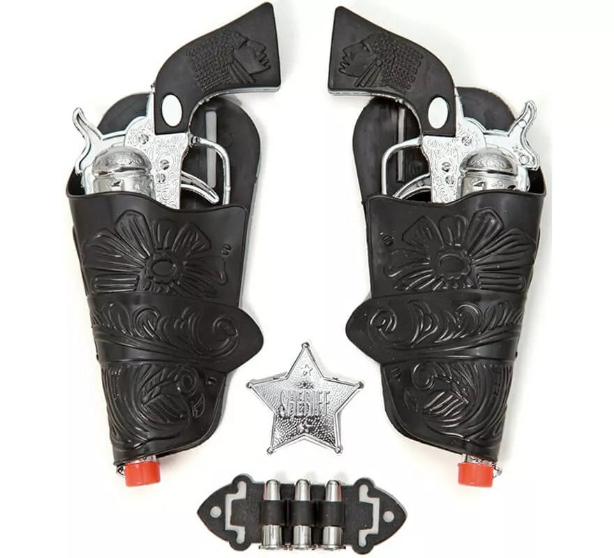 Translation missing: fr.Kit de Sheriff: 2 Pistolas plateadas, Cartucheras, Balas y Estrella