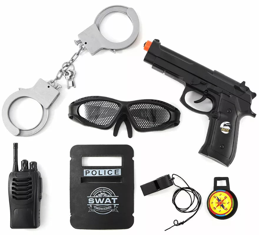 Translation missing: fr.Kit de SWAT: Esposas, Placa, Silbato, Walkie, Gafas, Brújula y Pistola de plástico