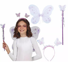 Kit fée papillon lilas : bandeau, baguette et ailes 35x40 cm