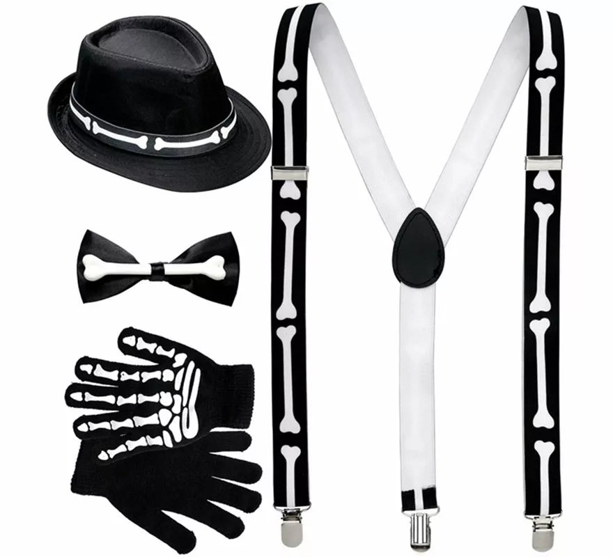 Translation missing: fr.Kit o Disfraz de Esqueleto Elegante para hombre: Tirantes, Pajarita, Guantes y Gorro Huesos