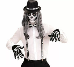 Kit de costume de squelette élégant pour homme : bretelles, nœud papillon, gants et chapeau en os