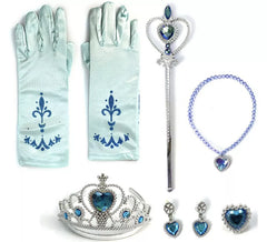 Trousse princesse bleue pour enfant : gants, sceptre, collier, couronne, boucles d'oreilles et bague