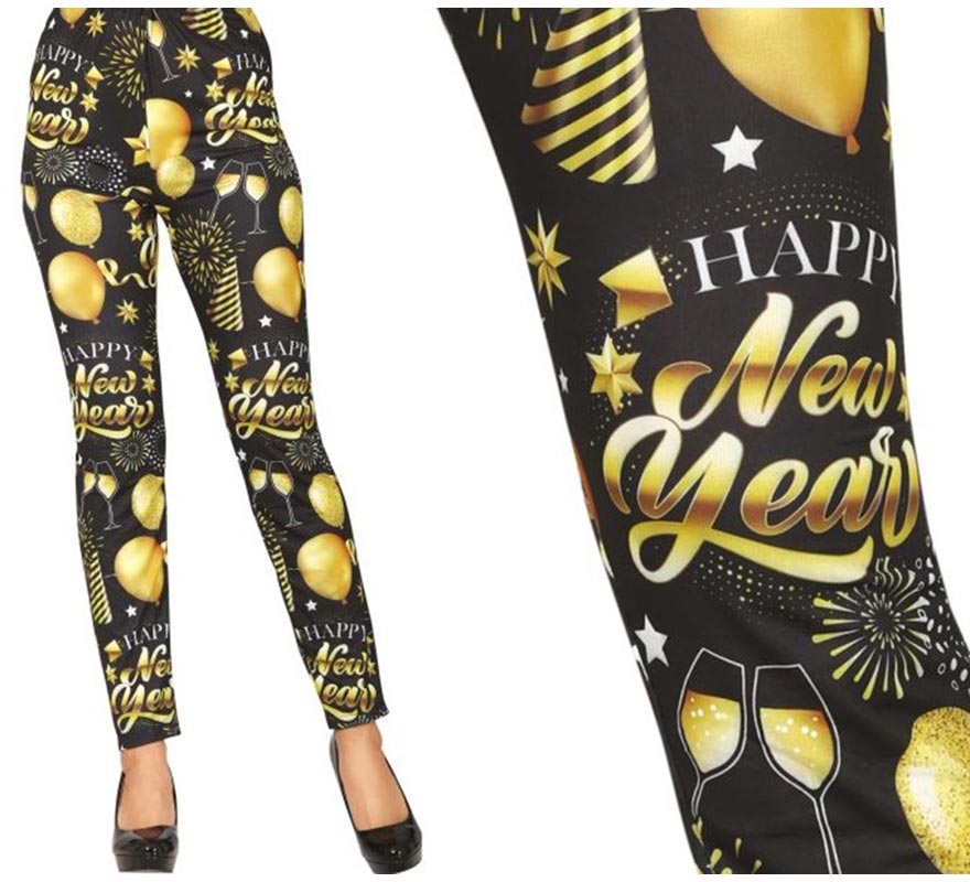 Translation missing: fr.Leggings Happy New Year negro y dorado para mujer