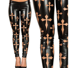 Leggings en faux cuir avec croix noires pour femme