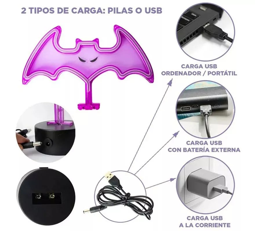 Luz neón de Murciélago con Soporte de 27x9x20 cm