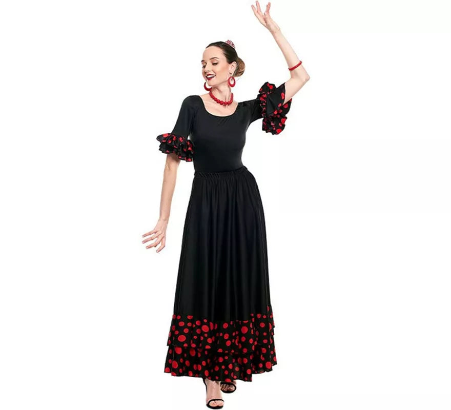 Translation missing: fr.Maillot Sevillana con Volante Lunar negro y rojo para mujer