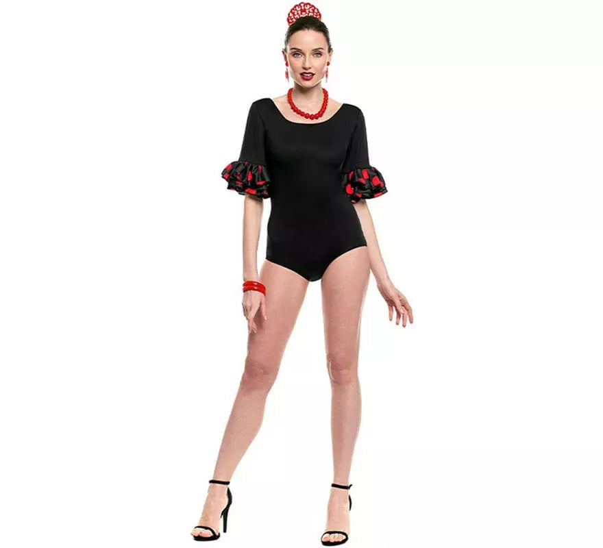 Translation missing: fr.Maillot Sevillana con Volante Lunar negro y rojo para mujer