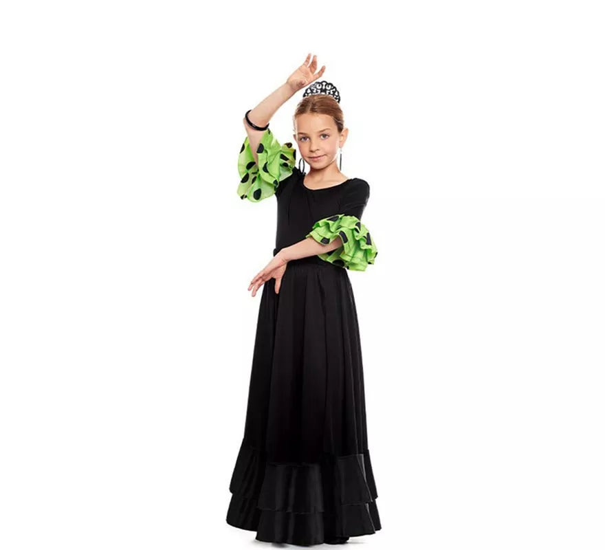 Translation missing: fr.Body o maillot Sevillana con Volante Lunar negro y verde para niña