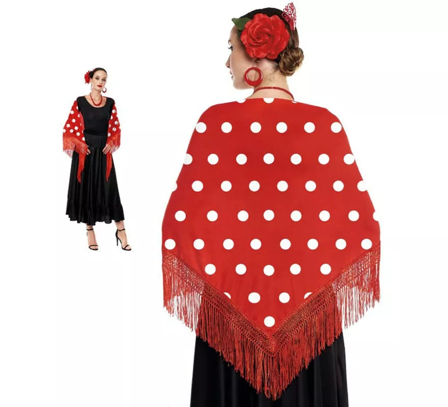 Translation missing: fr.Mantón de Sevillana o Chulapa Rojo con Lunares blancos de 150x60 cm