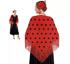 Châle Sevillana ou Chulapa rouge à pois noirs, 150x60 cm