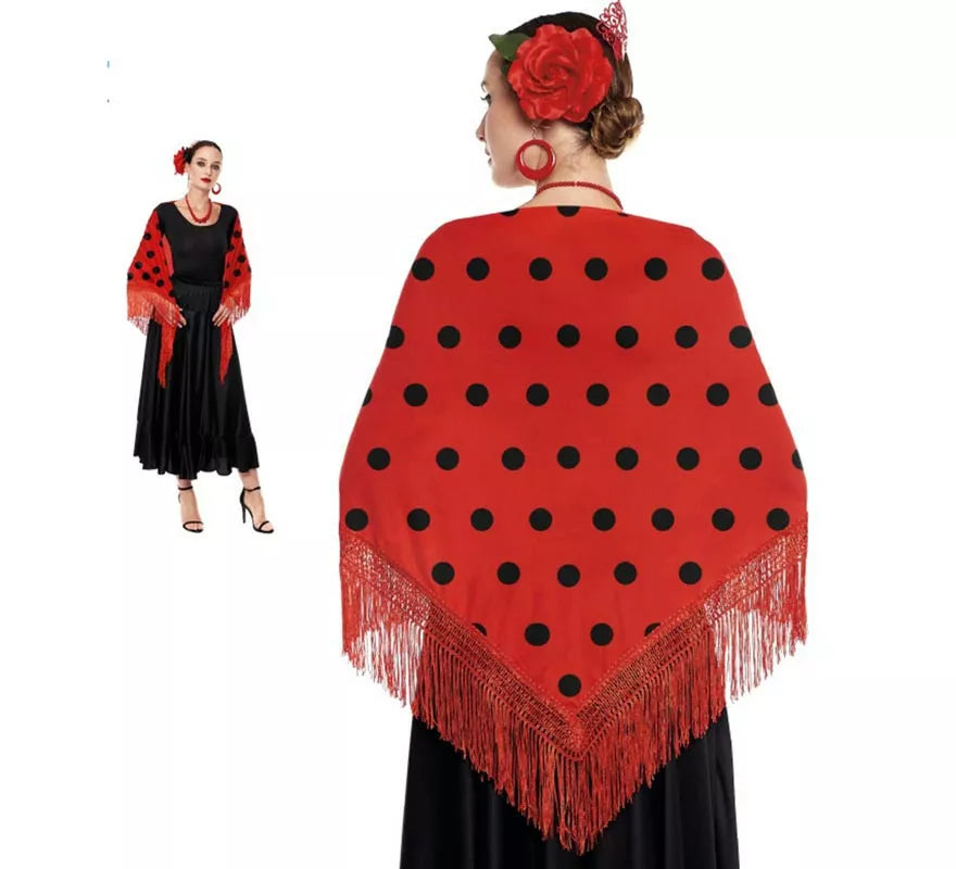 Translation missing: fr.Mantón de Sevillana o Chulapa Rojo con Lunares negros de 150x60 cm