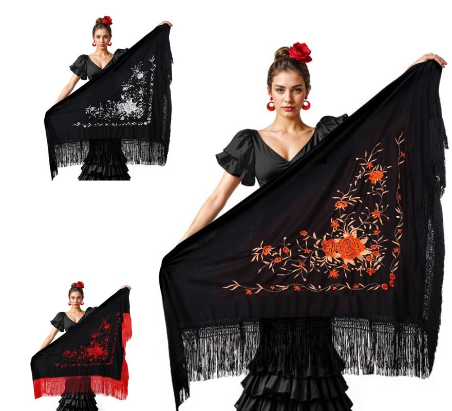 Translation missing: fr.Mantón negro bordado de 200x95 cm en varios colores