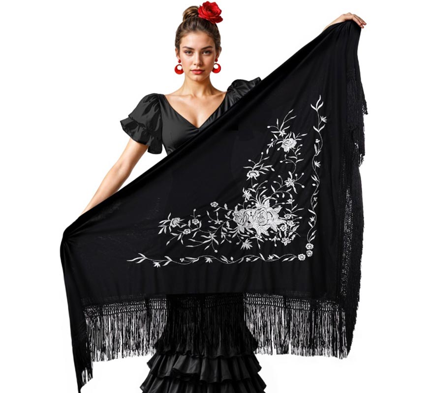 Translation missing: fr.Mantón negro bordado de 200x95 cm en varios colores