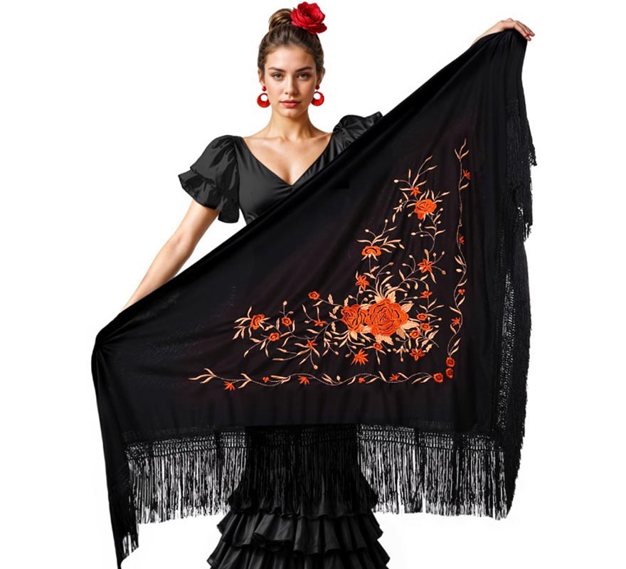Translation missing: fr.Mantón negro bordado de 200x95 cm en varios colores