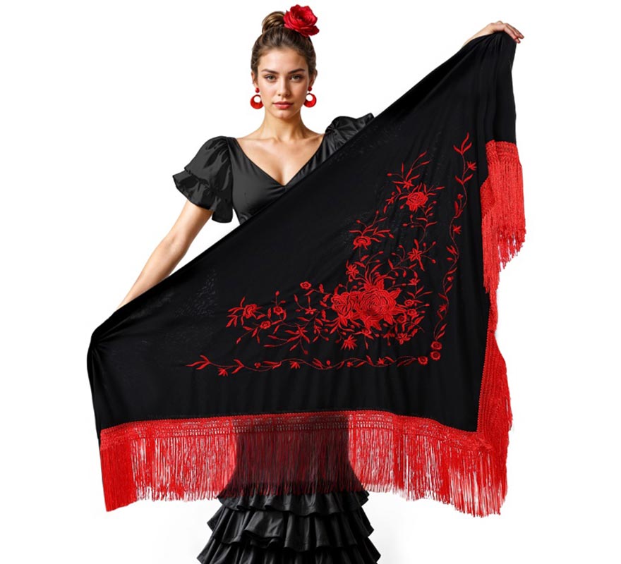 Translation missing: fr.Mantón negro bordado de 200x95 cm en varios colores