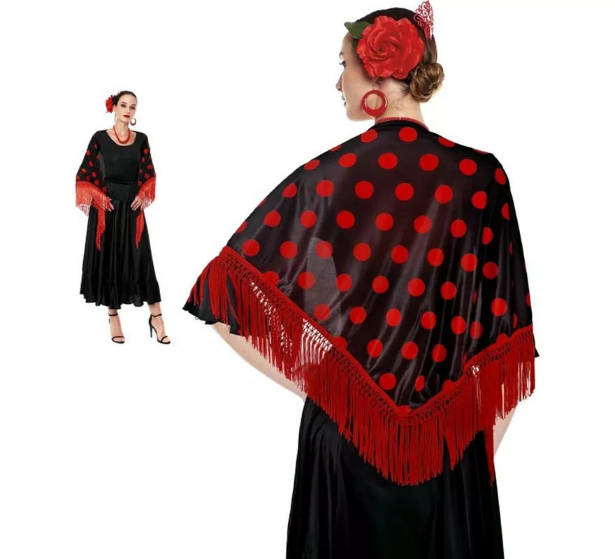 Translation missing: fr.Mantón Sevillana o Chulapa de 150x60 cm negro y lunares en varios colores