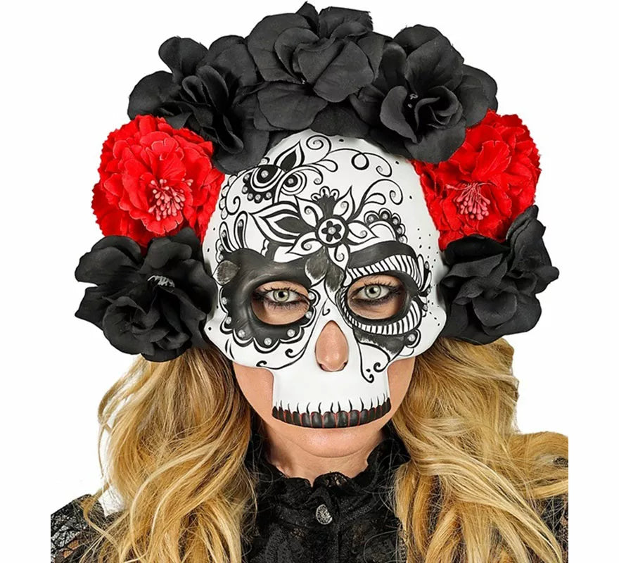Translation missing: fr.Máscara Calavera Día de Los Muertos con Rosas negras y rojas