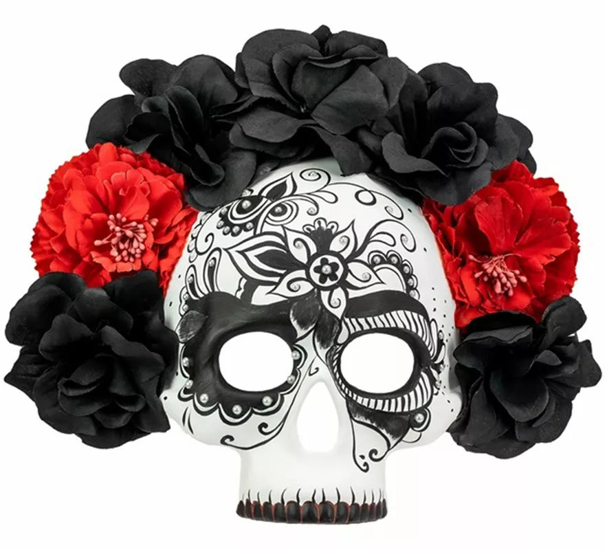 Translation missing: fr.Máscara Calavera Día de Los Muertos con Rosas negras y rojas