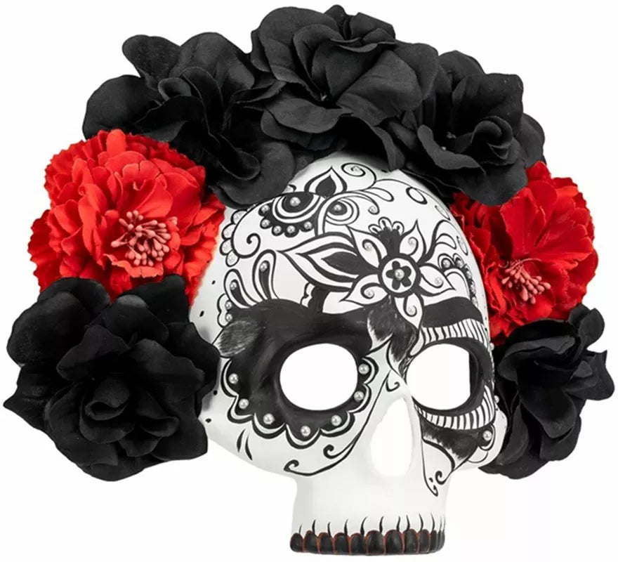 Translation missing: fr.Máscara Calavera Día de Los Muertos con Rosas negras y rojas