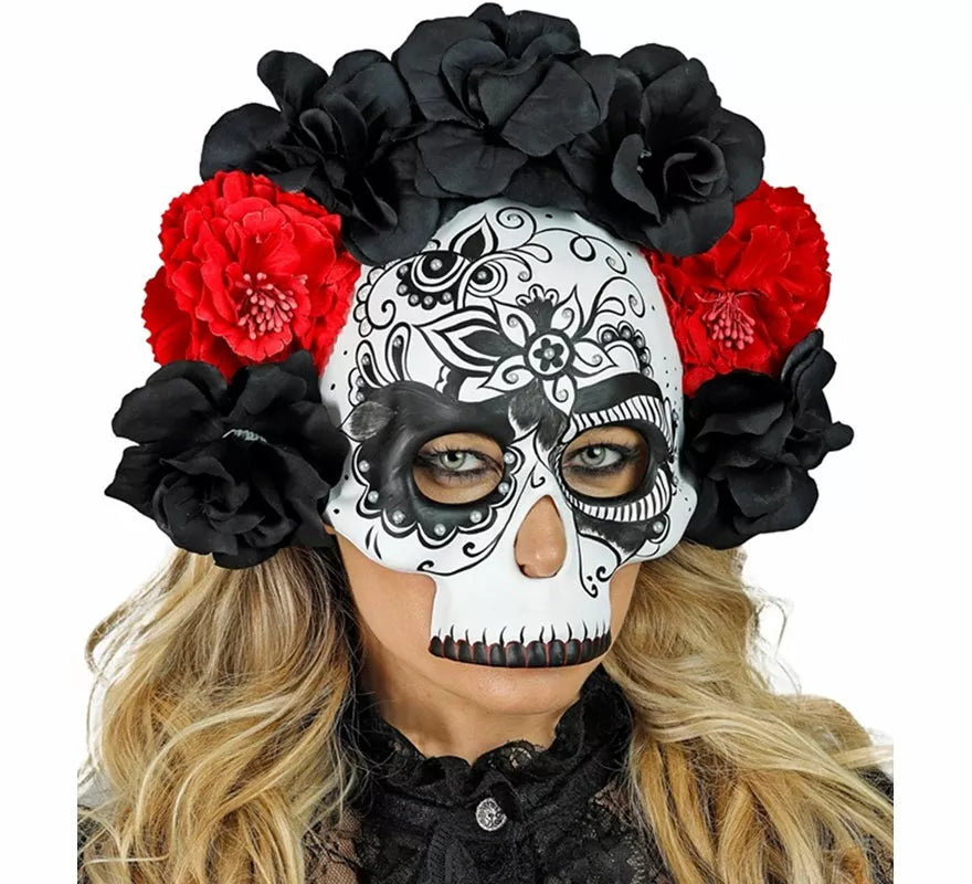 Translation missing: fr.Máscara Calavera Día de Los Muertos con Rosas negras y rojas