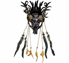 Masque de chaman crâne noir avec plumes