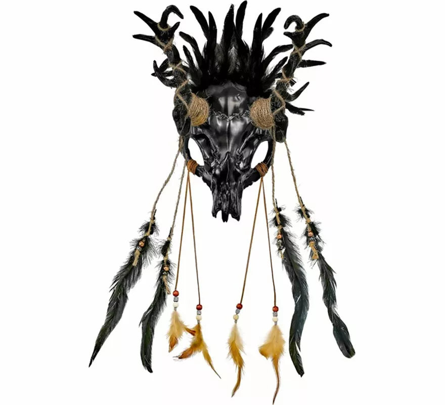 Translation missing: fr.Máscara de Chamán Calavera negra con Plumas