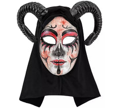 Femme au masque de démon et à capuche Commedia dell'Arte