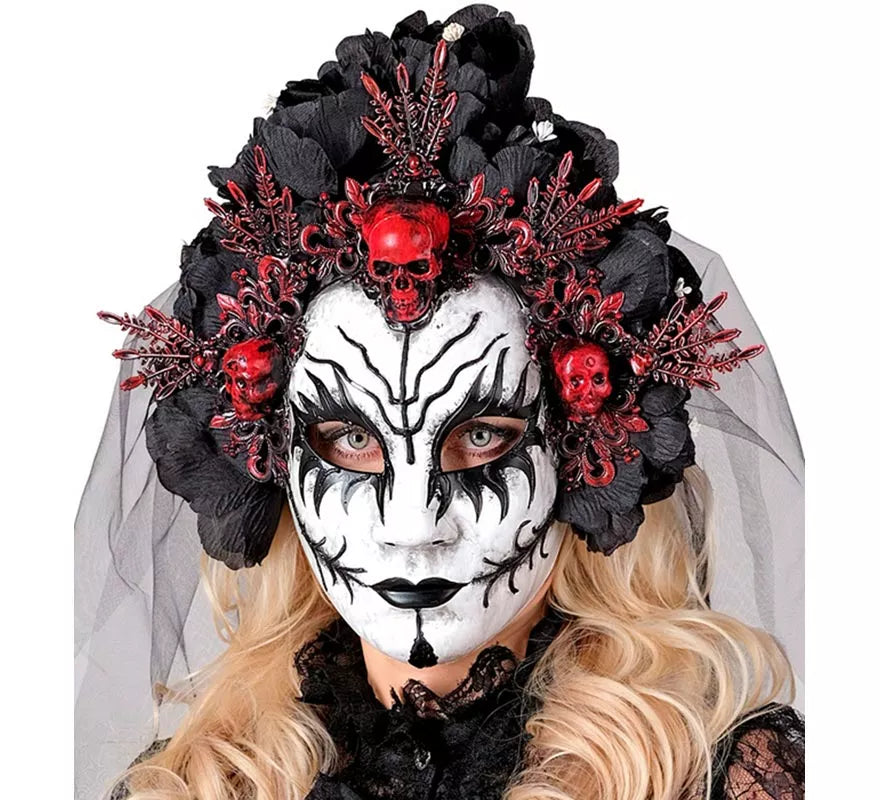 Máscara de Reina de La Muerte con Rosas negras y Velo