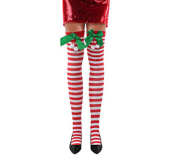 Collants à rayures rouges avec nœud de Noël pour adultes