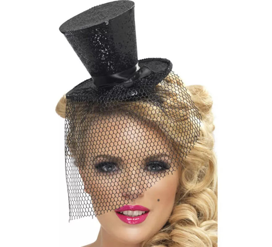 Translation missing: fr.Mini Sombrero de Copa Burlesque Negro con Velo para Mujer