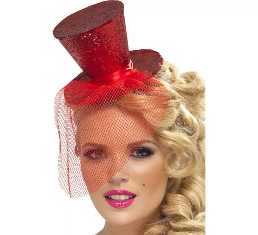 Translation missing: fr.Mini Sombrero de Copa Burlesque Rojo con Velo para Mujer