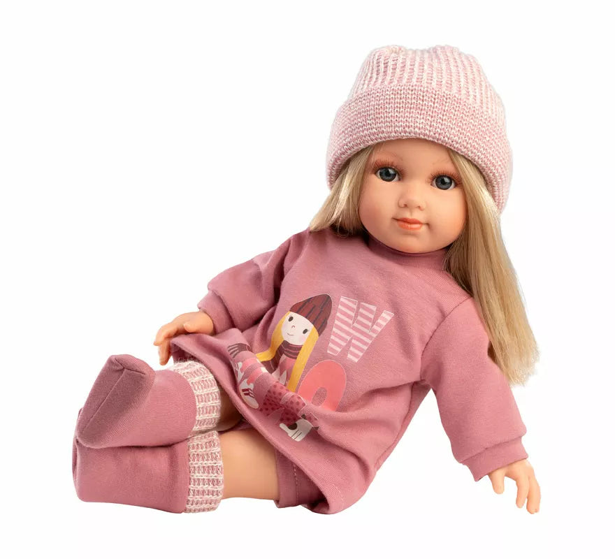 Muñeca Elena de 35 cm con Vestido y Gorro de Punto