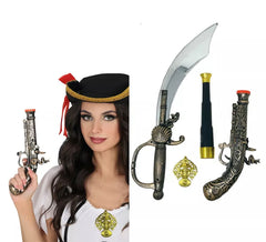Pack d'armes de pirate : épée, pistolet, longue-vue et médaille en plastique