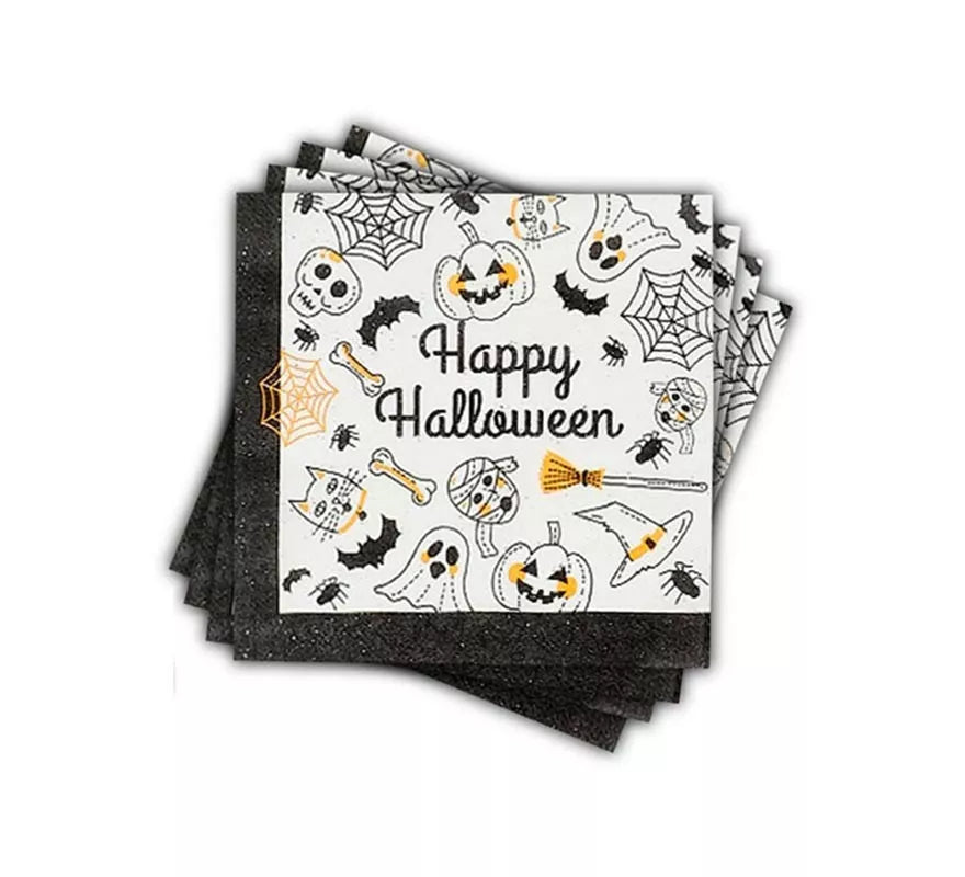 Translation missing: fr.Pack de 12 Servilletas Happy Halloween Print blanco y negro de 33x33 cm