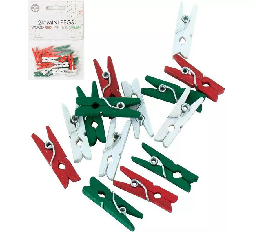 Translation missing: fr.Pack de 24 Mini pinzas en Rojo, Blanco y Verde de madera