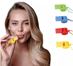 Lot de 4 sifflets avec corde, couleurs assorties