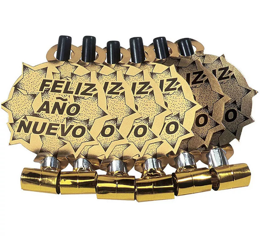Translation missing: fr.Pack de 6 Matasuegras Doradas 'Feliz Año Nuevo' para Nochevieja