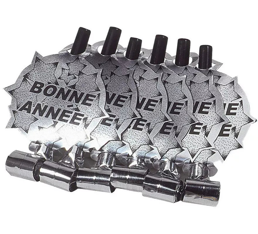 Translation missing: fr.Pack de 6 Matasuegras Plateadas 'Bonne Année' para Nochevieja