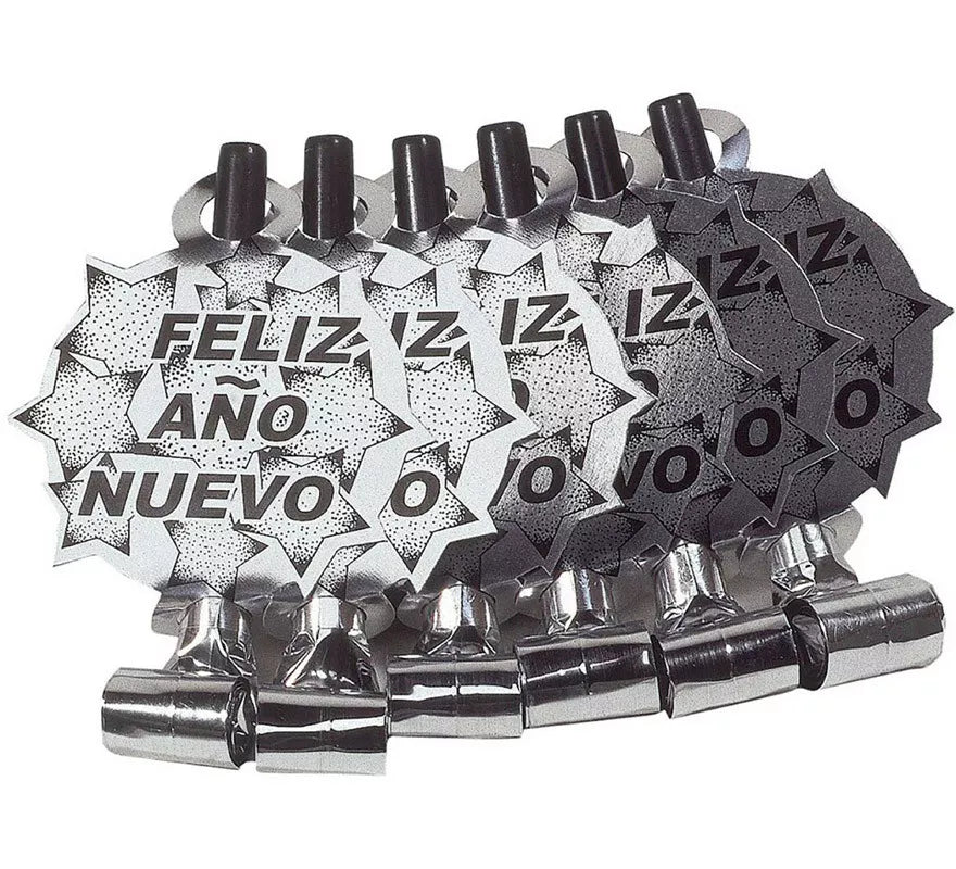 Translation missing: fr.Pack de 6 Matasuegras Plateadas 'Feliz Año Nuevo' para Nochevieja